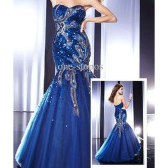 Blue Sequin Peacock Prom Dress - Picture 2 of 6